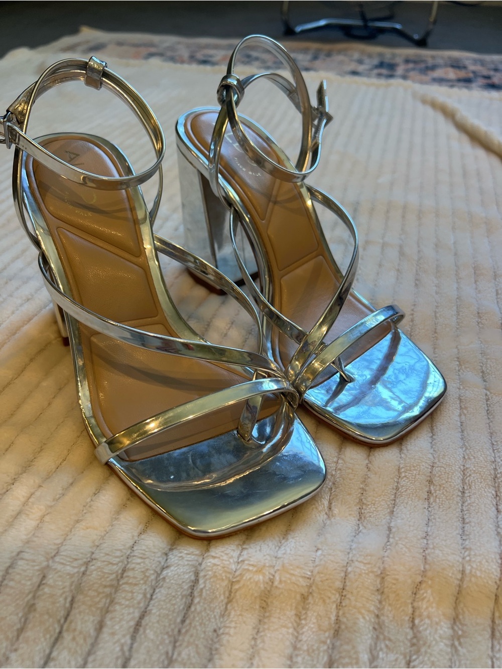 Metallic Silver Strappy Block Heel Sandals - Women